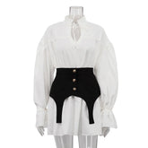 LIZAKOSHT  -  Fashion Lace Up Short Dress For Women Stand Flare Sleeve Hollow Out Draped Vestidos 2025 Summer Elegant Female Casual Dresses